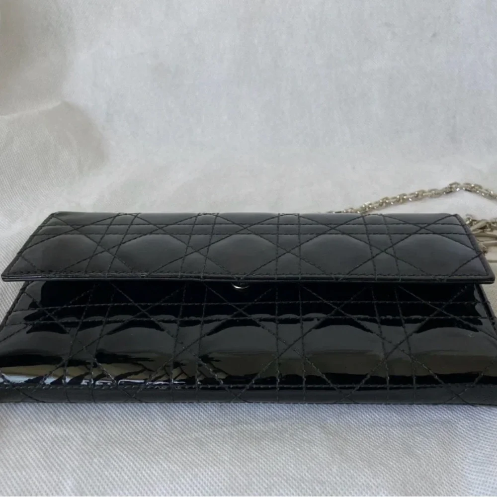 Dior Cannage Black Patent Quilted Wallet on Chain with Silver Hardware
